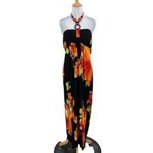 Valerie Bertinelli Dress Womens 14 Multi Beaded Halter O Ring Floral Print Maxi